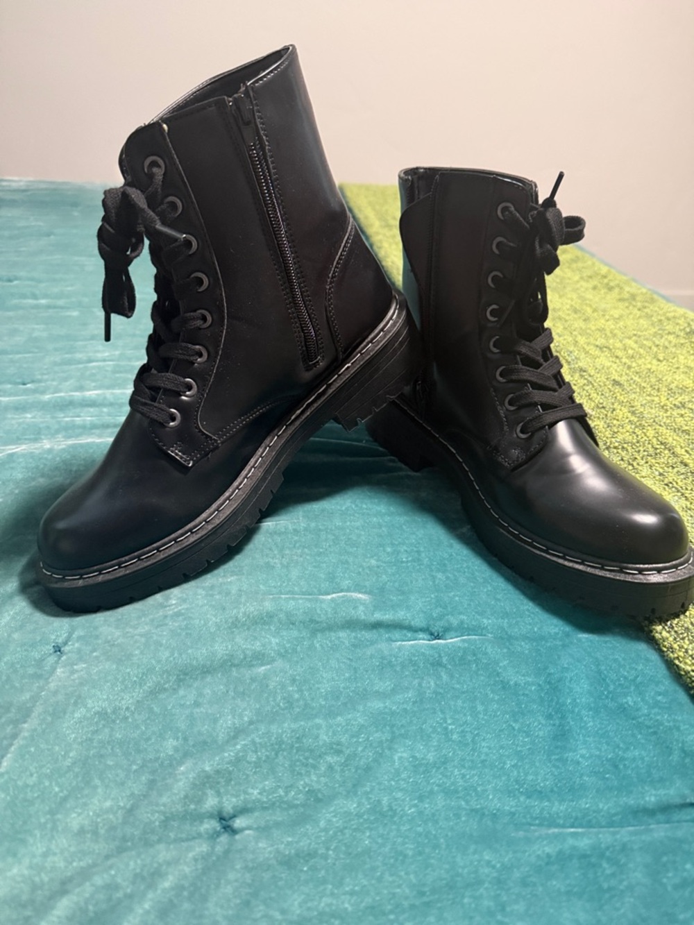 Sugar Black Lace-Up Combat Boots with Side Zipper